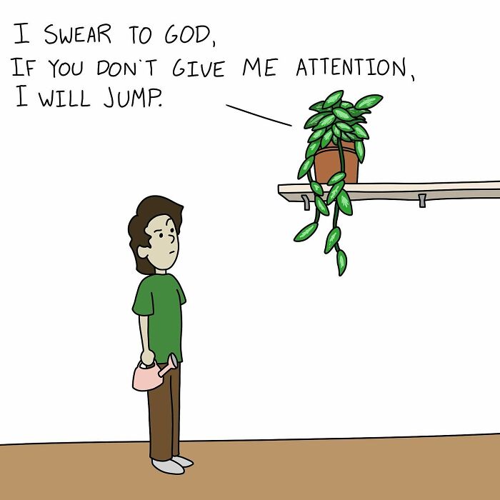 Cartoon character holding a watering can, looking at a plant on a shelf threatening to jump, showcasing absurd humor.
