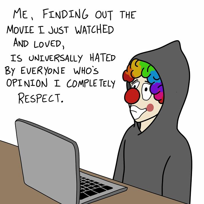Cartoonist's absurd comic of a clown in a hoodie reacting disappointedly to movie reviews on a laptop.