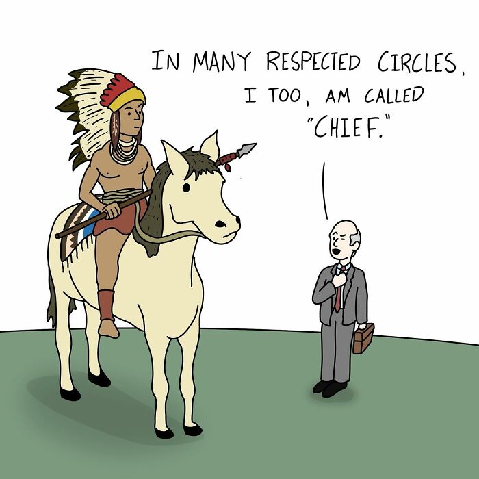 Cartoonist depicts a humorous interaction between a Native American chief and a businessman, both named "Chief."