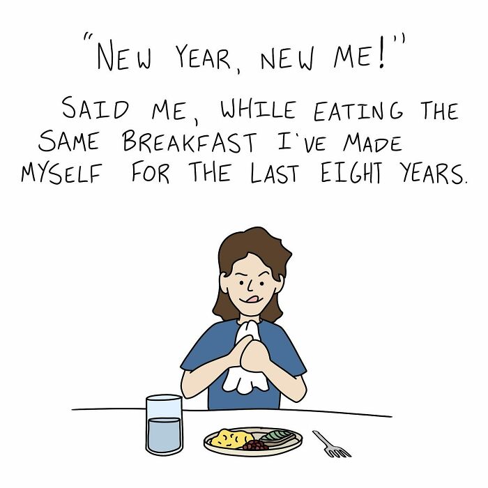 Cartoonist's witty drawing of person humorously reflecting on New Year's resolutions over the same breakfast for years.