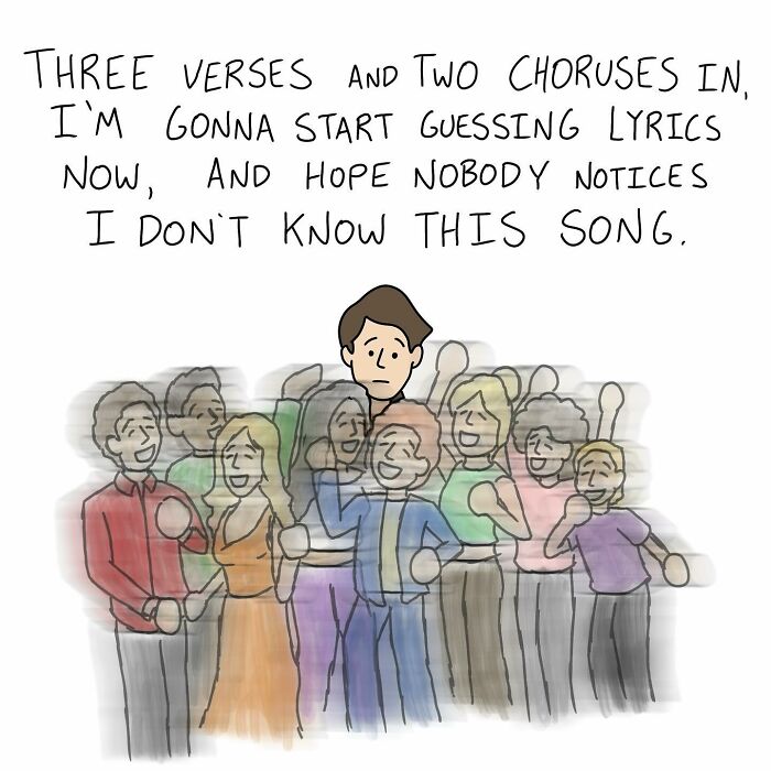 Cartoonist's witty comic shows a person trying to guess song lyrics in a crowd, highlighting hilariously honest moments.
