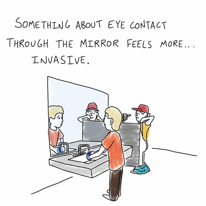 Cartoonist's absurd and witty scene of two men making eye contact in a bathroom mirror, feeling intrusive.