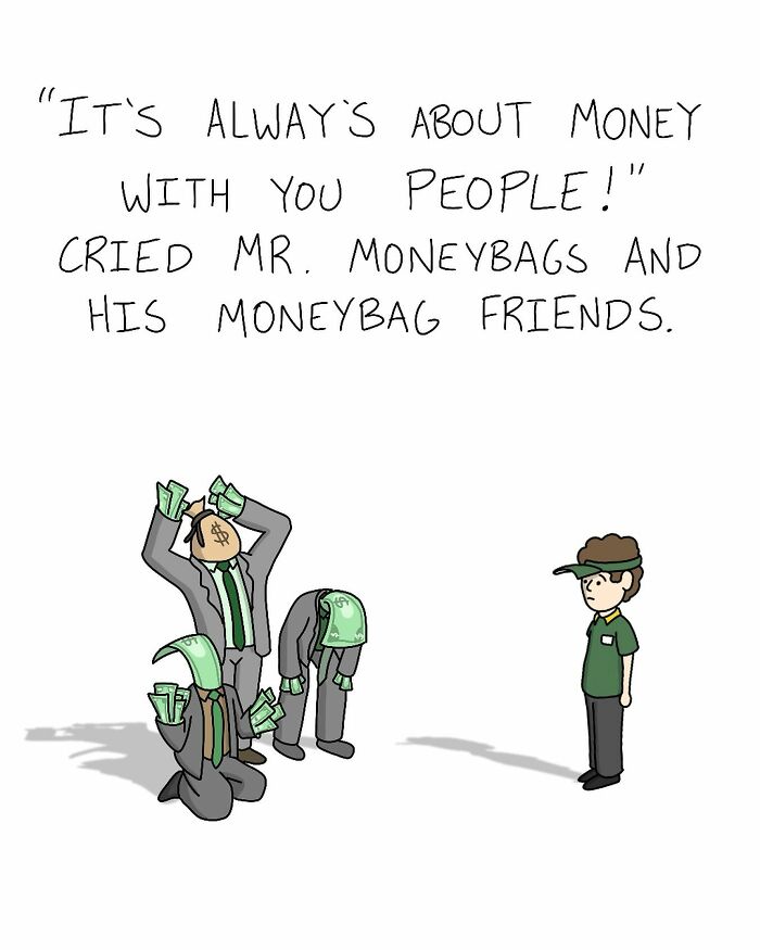 Cartoonist's witty illustration shows characters with money heads confronting a worker in uniform, highlighting an absurd scene.