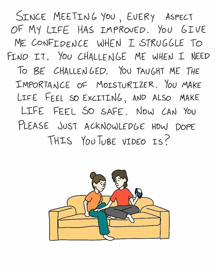 Two cartoon characters having an honest and witty conversation about life improvements on a couch.