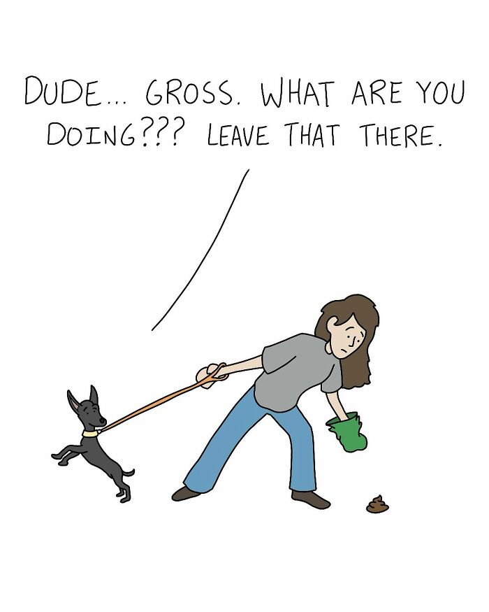 Cartoonist depicts a woman with a dog on a leash, humorously hesitating to pick up dog p**p with a glove.