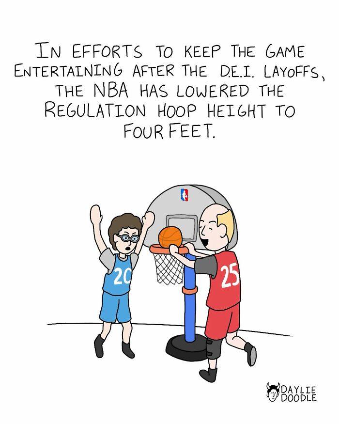 Cartoon depicting a short basketball hoop, highlighting absurd and witty humor about NBA regulations.