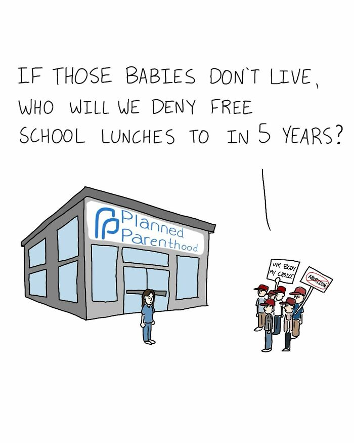 Cartoonist's witty illustration showing a Planned Parenthood building and a group of protesters with signs.