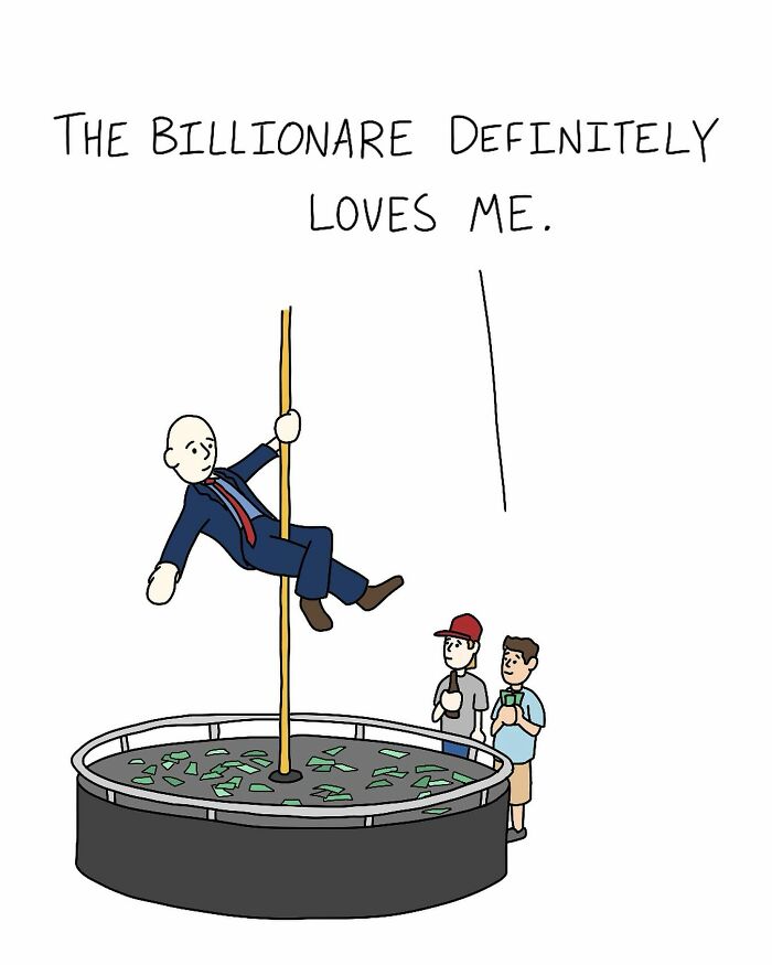 Cartoonist depicts a man pole dancing over a money-filled pool, while two onlookers watch.