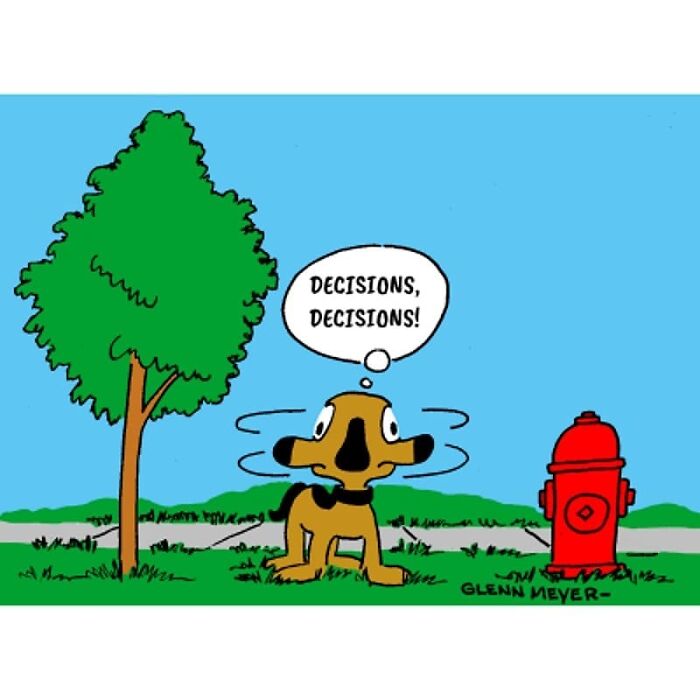 Adorable comic by GMeyer shows a confused dog deciding between a tree and a fire hydrant.