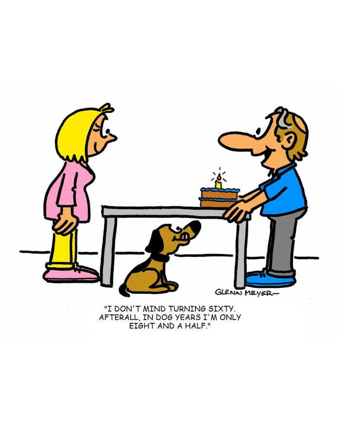 Cartoon by GMeyer depicting a man with a cake, a woman, and a dog, humorously reflecting on age in dog years.