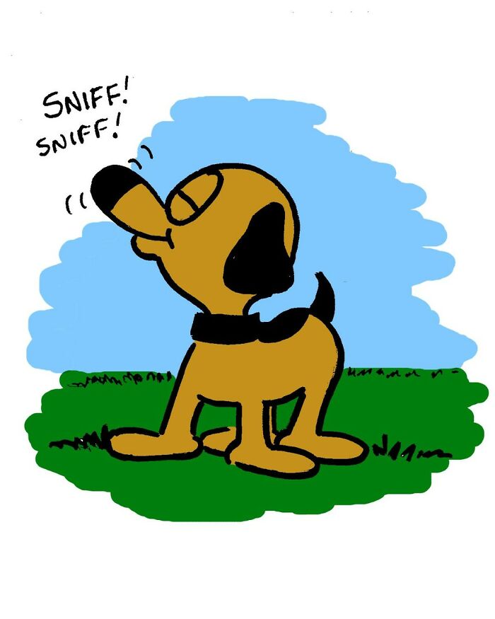 Cartoon dog sniffing the air outdoors, illustrating a comic scene about life with a dog.