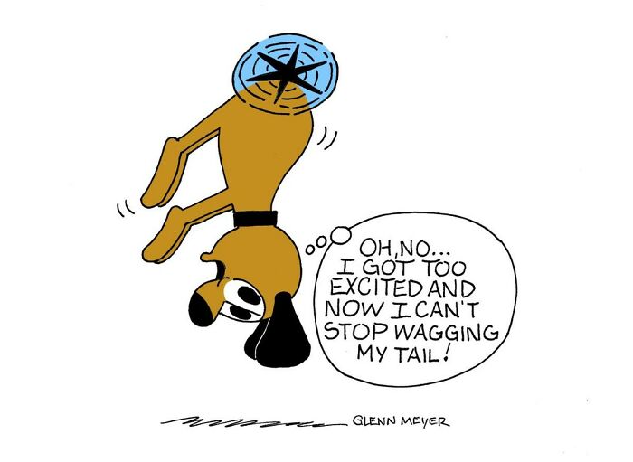 Comic by GMeyer showing an adorable dog upside down, humorously struggling with wagging its tail too much.