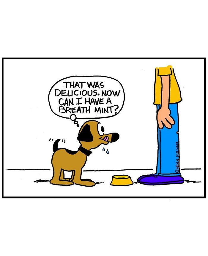 Dog comic by GMeyer shows a dog asking for a breath mint after eating.