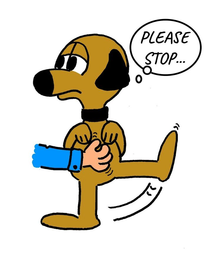 A hilariously adorable comic by GMeyer of a dog looking uncomfortable being tickled, with thought bubble saying "Please stop."