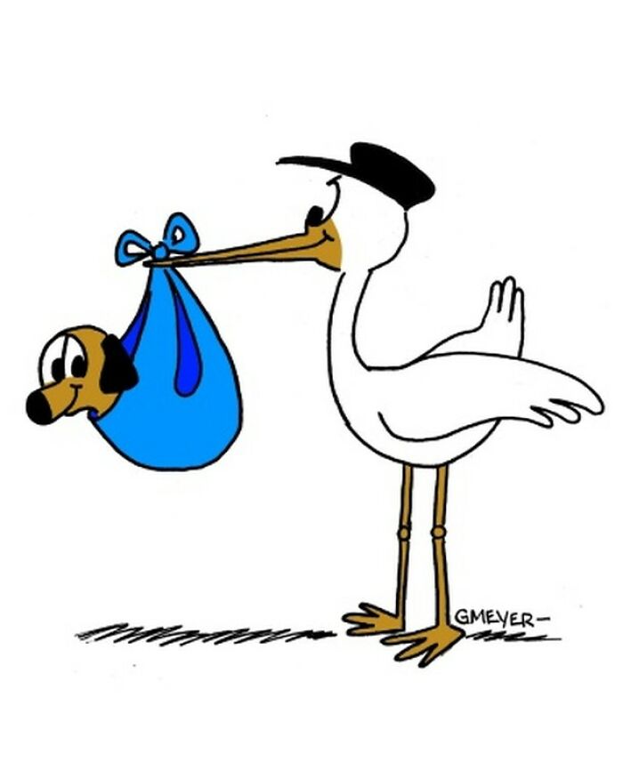 Comic by GMeyer featuring a stork carrying a dog in a blue sack, illustrating life with a dog in a humorous way.
