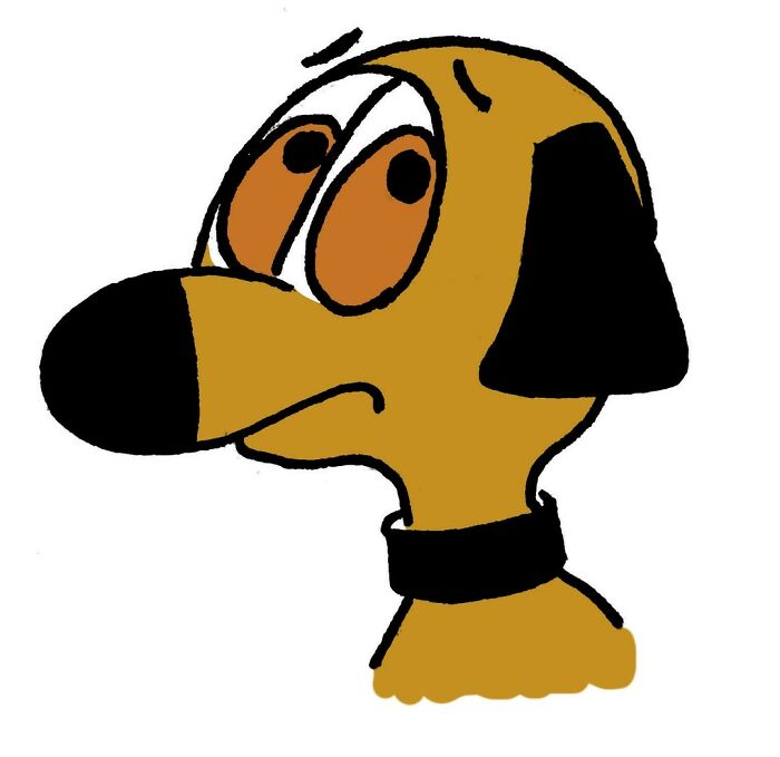 Cartoon image of a dog with big eyes, illustrating the adorable comics by GMeyer about life with a dog.