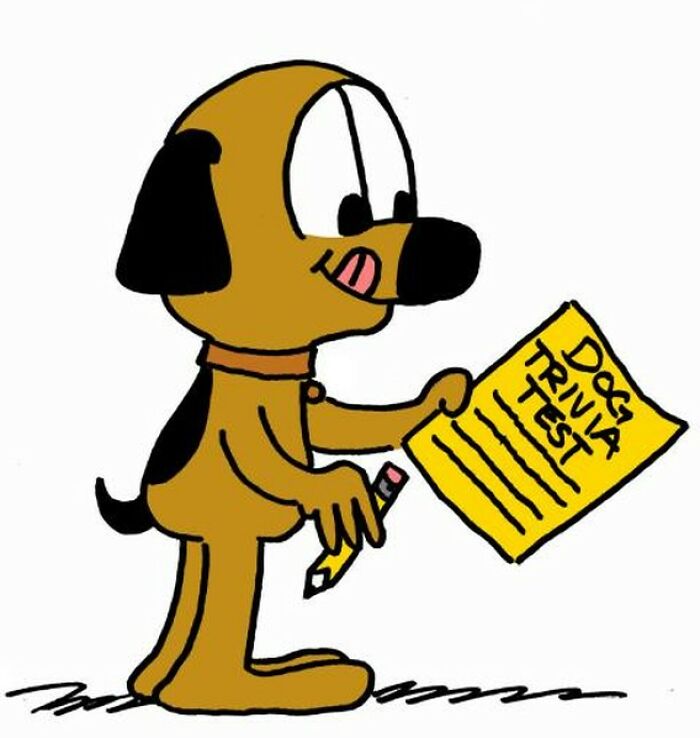 Cartoon dog holding a pencil and a "Dog Trivia Test," illustrating adorable dog life moments.