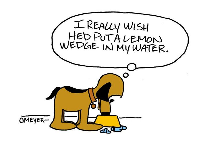 Dog thinking humorously about a lemon wedge in its water, from a GMeyer comic.