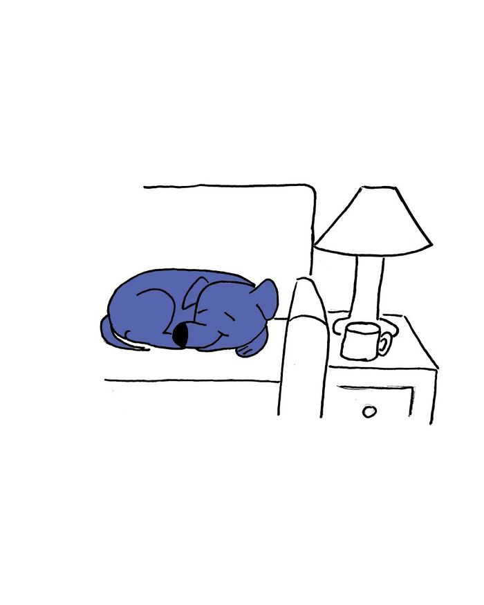 Comic illustration of an adorable dog sleeping on a couch beside a lamp and mug.