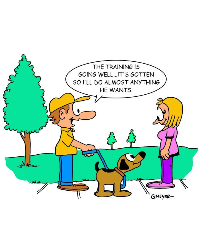 Cartoon by GMeyer showing a man walking a dog, humorously discussing pet training with a woman outdoors.