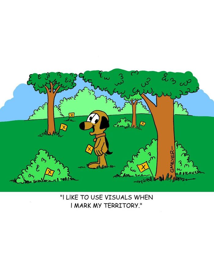 Cartoon dog humorously marking territory in a forest, surrounded by visual markers on trees and bushes.