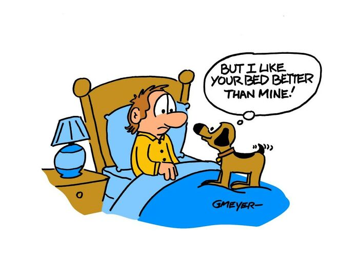 Comic by GMeyer showing a person in bed with a dog saying, "But I like your bed better than mine!"