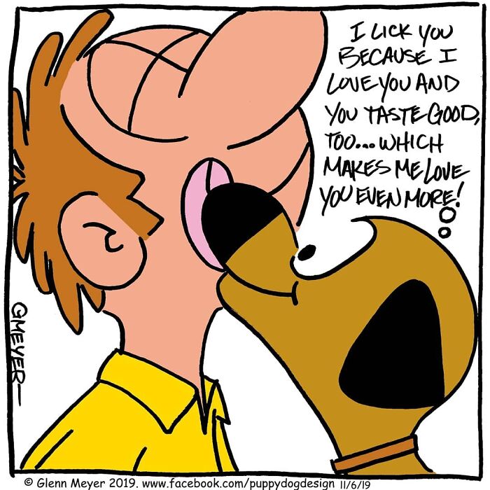 Comic by GMeyer featuring a dog lovingly licking its owner, with a humorous caption about love and taste.