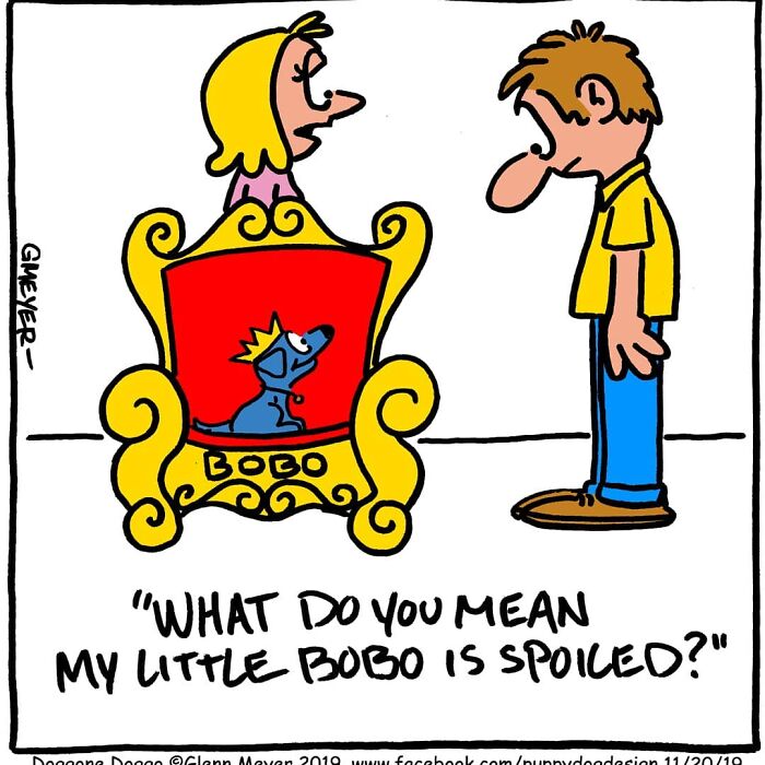 Cartoon by GMeyer depicting a spoiled dog named Bobo on a throne with two people discussing.