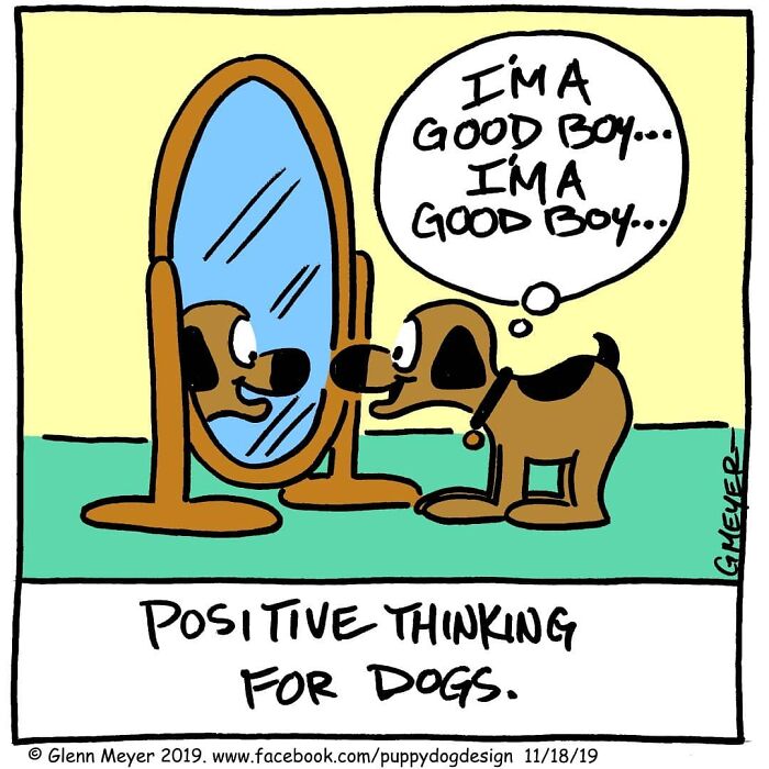 Adorable comic by GMeyer of a dog admiring itself in the mirror, thinking "I'm a good boy."