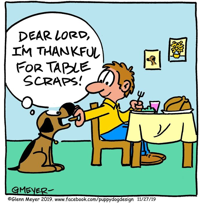 Cartoon by GMeyer showing a man feeding a dog table scraps, with the dog expressing gratitude humorously.