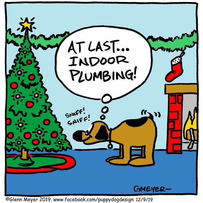 Dog sniffing a Christmas tree, humorously thinking about indoor plumbing by GMeyer.