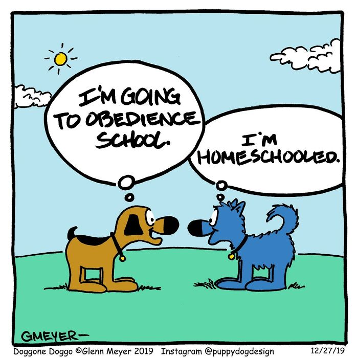 Two cartoon dogs, one saying "I'm going to obedience school" and the other saying "I'm homeschooled," in an adorable comic.