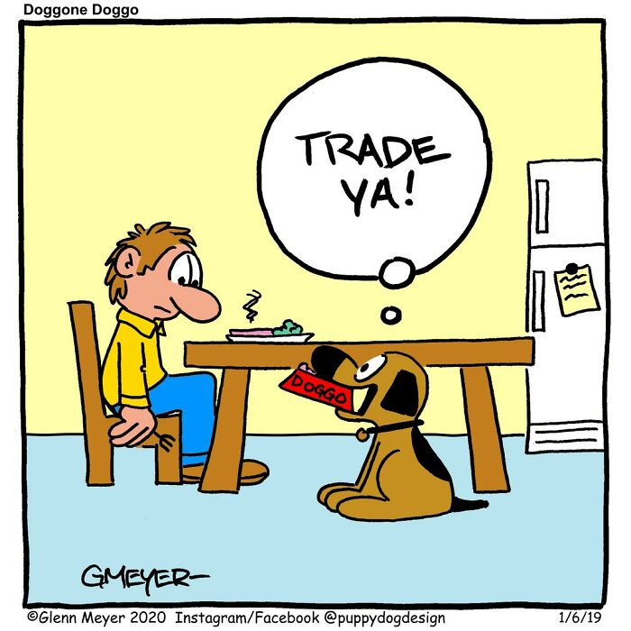 Comic by GMeyer shows a dog offering a treat to a person in exchange for food.