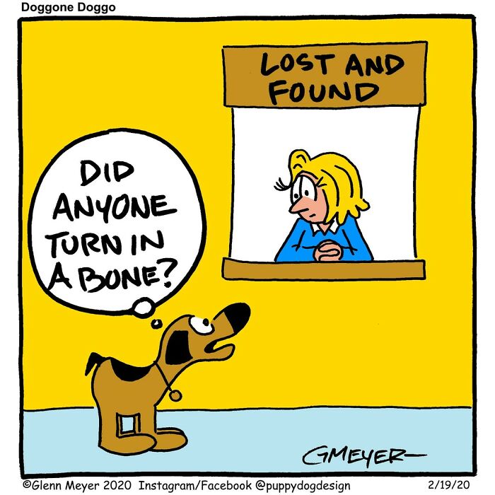 Dog in a comic asking about a lost bone at the lost and found counter, by GMeyer.