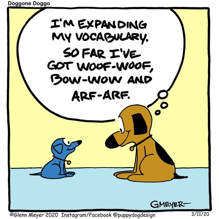 Comic by GMeyer showing two dogs conversing about vocabulary with phrases like "woof-woof" and "arf-arf."