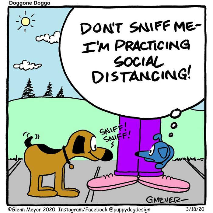 Comic illustration by GMeyer showing dogs sniffing a person's legs with a speech bubble about social distancing.