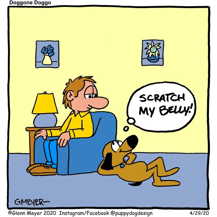 Comic depicting life with a dog: a man sits in a chair while a dog playfully asks to have its belly scratched.
