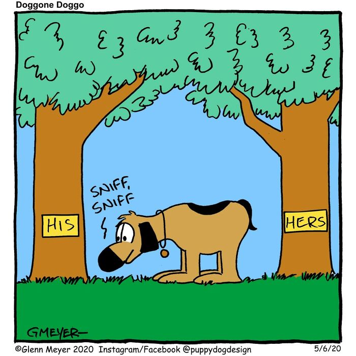 A comic of a dog sniffing between two trees labeled "His" and "Hers," highlighting the humor in life with a dog.