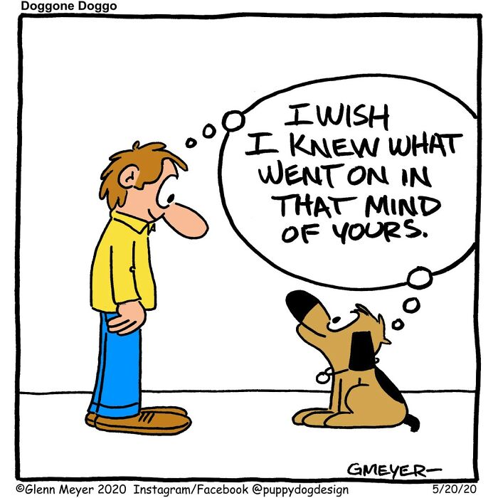 Comic by GMeyer showing a man and a dog gazing at each other with shared thought bubbles.