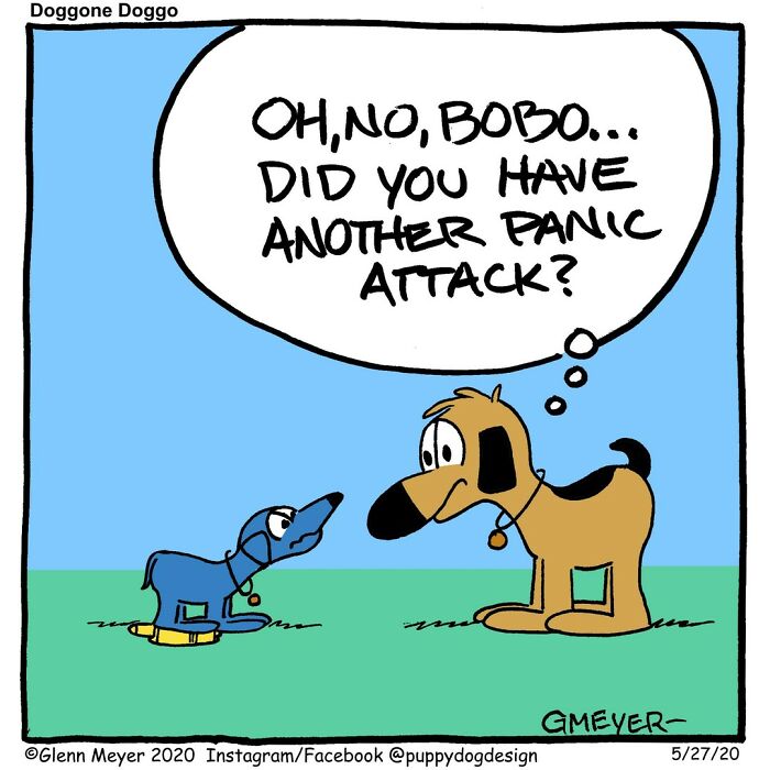 Adorable comic by GMeyer showing two dogs, one who seems concerned about the other's panic attack.