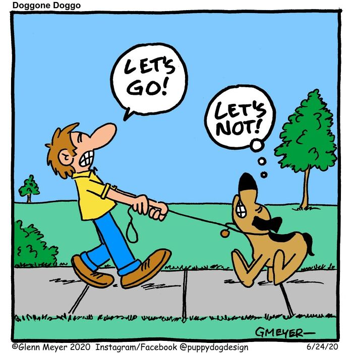 Cartoon of man eager to walk his dog, while the dog is reluctant, showcasing humor in life with a dog.