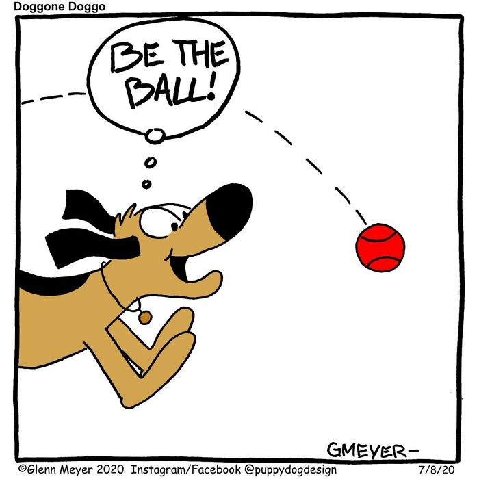 Dog dreaming of a ball with a playful thought bubble, illustrated in an adorable comic by GMeyer.
