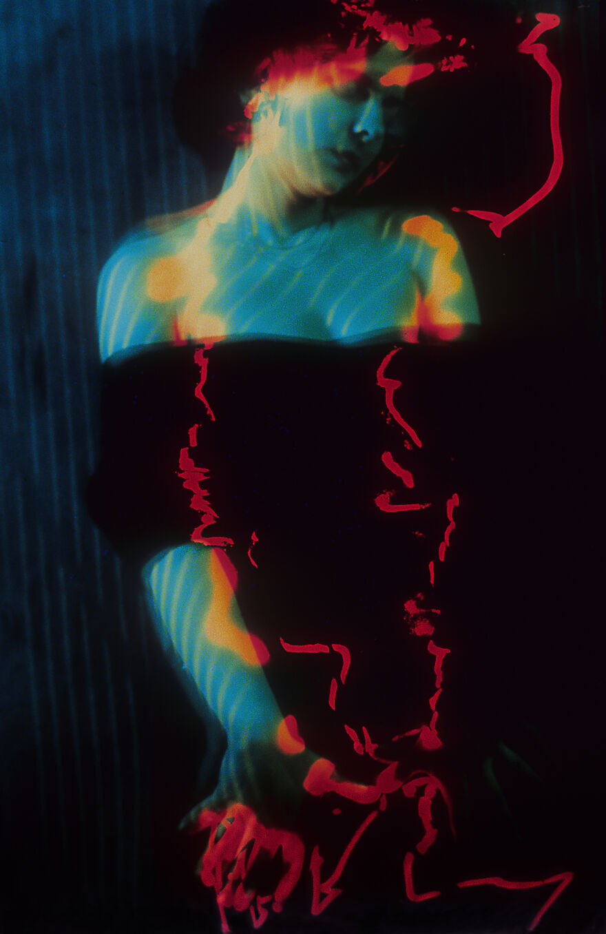Drawing With Red Thread - Neon Light Portraits Photography