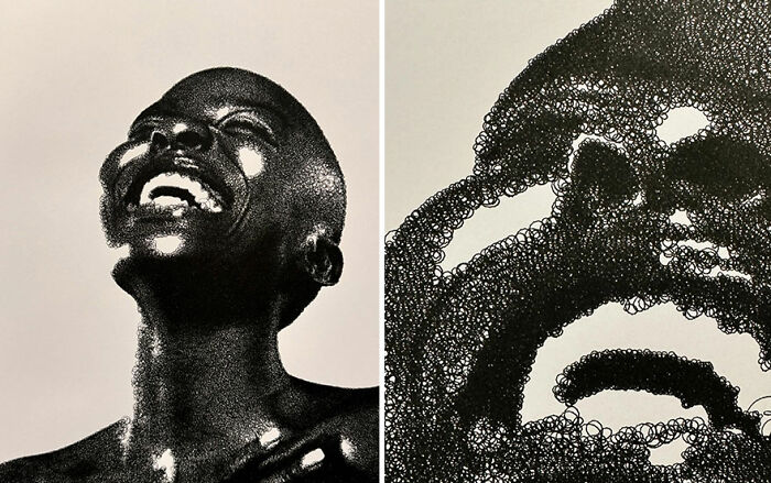 Hand-drawn-style portrait generated by code, showcasing a smiling person in detailed, artistic dots.