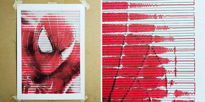 Unique hand-drawn-style portrait of Spider-Man created using code, with detailed red zigzag lines.