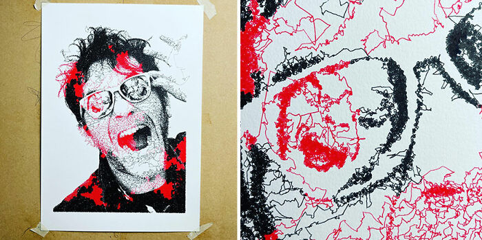 Code-generated hand-drawn-style portrait in black and red, featuring intricate lines and patterns.