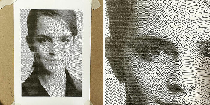 Unique hand-drawn-style portrait generated using code, featuring intricate patterns and fine details.