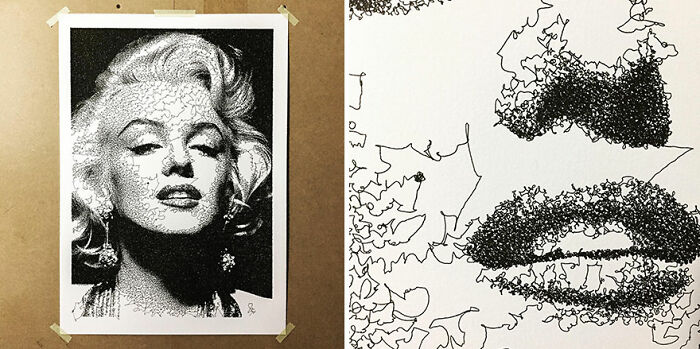 Code-generated hand-drawn-style portrait showing intricate black and white details on paper.