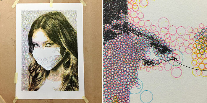 A portrait in a hand-drawn style, using code-generated colorful circles for detailed texture.