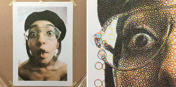 Hand-drawn-style portrait using code, featuring a person in glasses with a surprised expression, made of colorful circles.